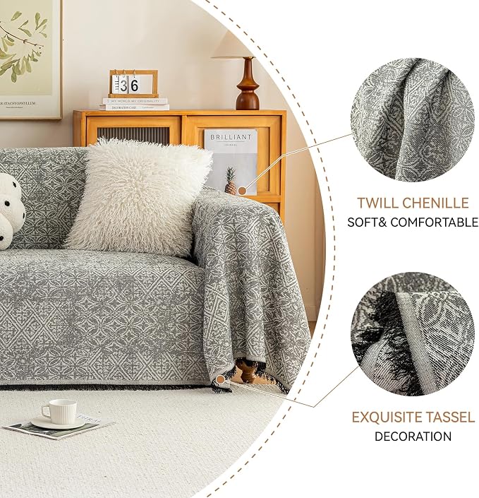Deep Dream Boho Couch Cover for Dogs, Soft Chenille Couch Covers for 3 Cushion Couch, Thick Sofa Slipcover Sofa Cover WashableCouch Protectors for Pets (Black, 71"x118") - Image 4