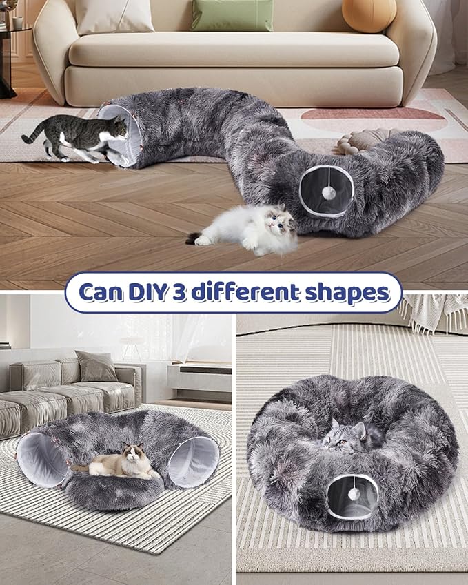 Cat Tunnel Bed with 20 Pcs Interactive Toys, 3-in-1 DIY Collapsible Plush Cat Tube with Washable Mat, Large Indoor Play Tunnel Cave for Kittens and Small Animals - Image 3