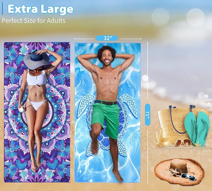 2 Pack Microfiber Oversized Lightweight Beach Towel 71"x32" XL Extra Large Thin Sand Free Towels Travel Swim Pool Yoga Gym Camping for Adults Women Men Beach Essentials Accessories Vacation Gift - Image 3