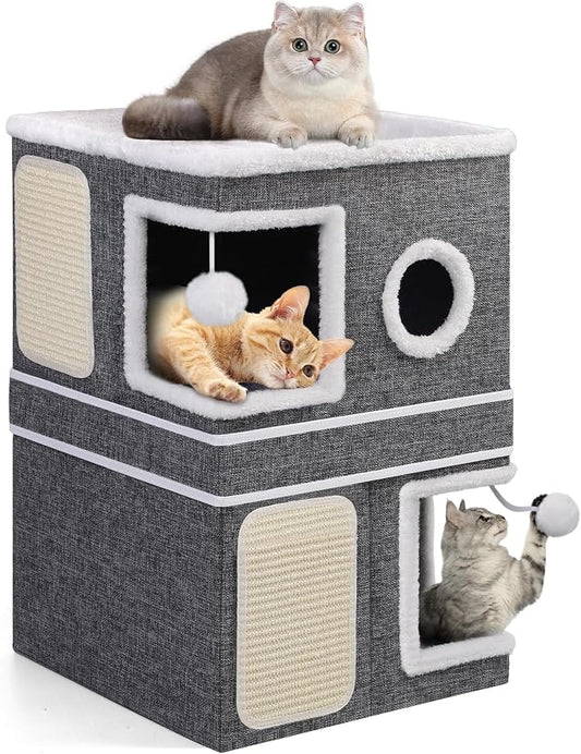 Shikha 2 Story Cat House beds for Indoor Cats with Scratch Pads Grey | 2 in 1 Dual Use Double Cat Bed Cave for Multiple Pets Kitten, Elevated Perch for a Wide View, All Season Reversible Cushion by Shikha
