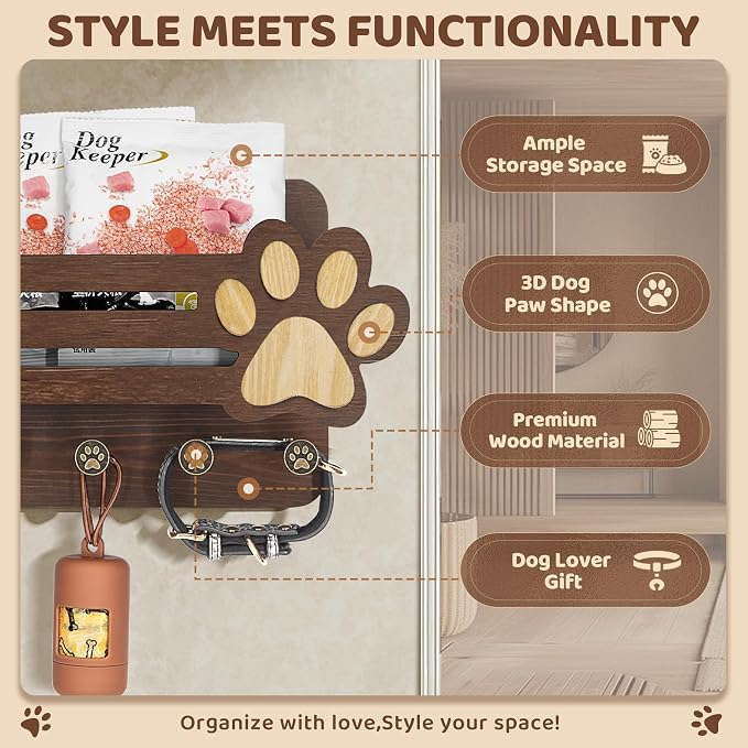 MTERSN Acacia Wood Dog Leash Holder for Wall - Fun Paw Key Holder Wall Mount with Floating Shelf and 6 Hooks- Retro Mail & Dog Accessories Organizer for Room Decor(Dark Acacia Wood) - Image 5