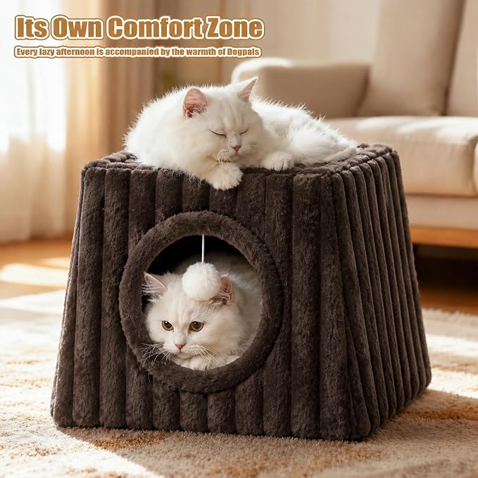 Dogpals Indoor Cat House - Large Cat Cave Bed with Fluffy Balls, Foldable Cat Bed Cave and Apartment with Pads, Suitable for Multiple Small and Large Cats, 18.5x15.4x15.4inches (Coffee, XL) - Image 8