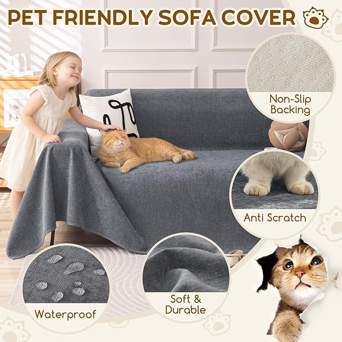 OstepDecor Waterproof Couch Covers for Pets, Couch Protector from Cat Claws | Washable Sofa Cover for Dogs, Non Slip Furniture Protector for Sofas, Loveseats & Sectionals, 91"x150", Dark Grey - Image 3