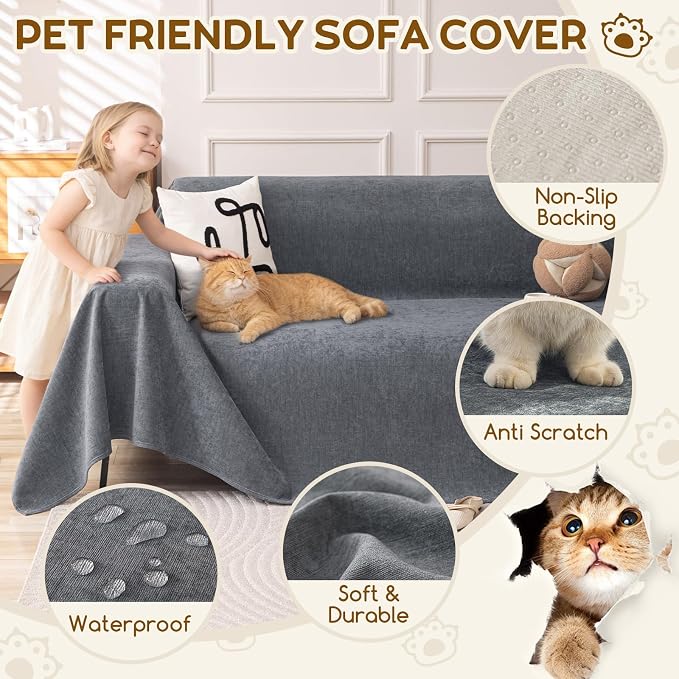 OstepDecor Waterproof Couch Covers for Pets, Couch Protector from Cat Claws | Washable Sofa Cover for Dogs, Non Slip Furniture Protector for Sofas, Loveseats & Sectionals, 71"x134", Dark Grey - Image 3