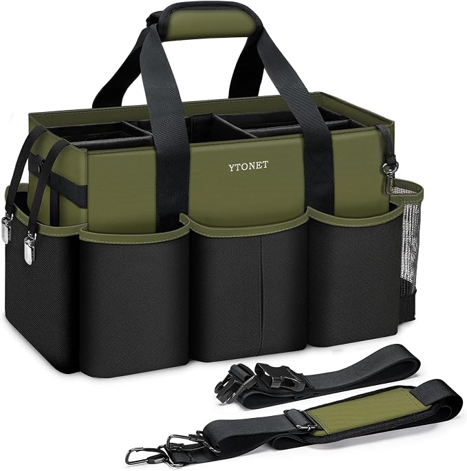 Ytonet Wearable Cleaning Caddy Organizer with Handle & Shoulder Straps, Large Cleaning Bag for Housekeepers, Kitchen Supplies Organizer with Dividers, Under Sink & Car Detailing Bag, Green by YTONET