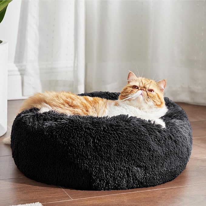 Bedsure Calming Cat Beds Donut Round Washable Kitten Bed,20 inches Black | Fluffy Faux Fur Cuddler,Anti-Slip Bottom,Anti-Anxiety,Deep Sleeping for Cats&Small Pets Up to 15 Lbs - Image 4