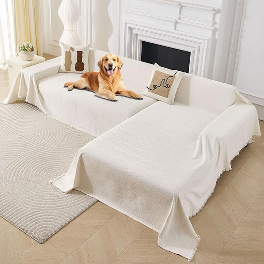 HAOMAIJIA Sectional Couch Covers L Shape 2 Pieces Washable L Shaped Couch Covers for Sectional Sofa Non Slip Couch Cover Blanket for Dogs Pet Friendly Furniture Protector (Off White,71"x118"+91"x134") by HAOMAIJIA