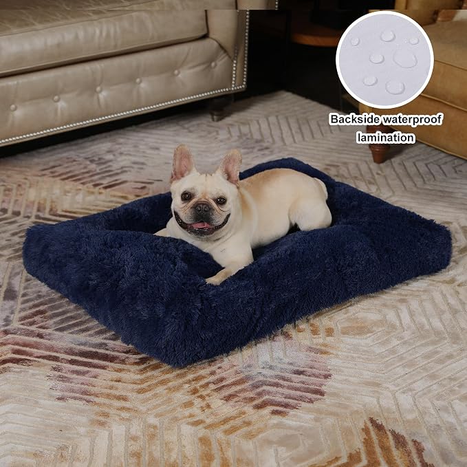 Bedfolks Plush Dog Crate Pad, Washable Dog Kennel Bed 29"x21", Solid Dark Blue - Image 2