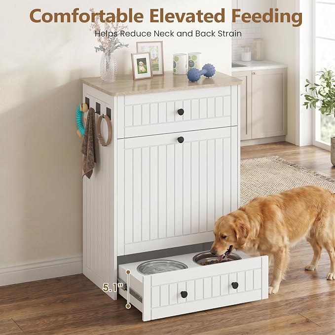 Dog Feeding Station Cabinet Elevated Bowls (White, Classic Panel) | Slow Feeder Insert, Large food bin, Removable Divider, 3 Side Hooks, Pull-Out Drawer, Easy to Clean for Small & Middle Dogs - Image 5