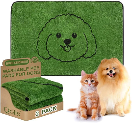 Qeils Reusable Puppy Pads , Washable Pee Pads for Dogs 36" x 24" 2 Pack | Super Absorbent & Leakproof Potty Training Pads, Plush Grass-Look With Non-Slip Backing For Crates, Playpens & Small Pets by Qeils