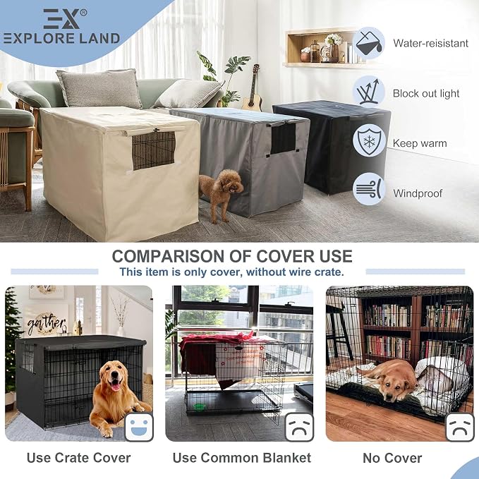 Explore Land Dog Crate Cover Heavy Duty Polyester Pet Kennel Sunshade Universal Fit for 54 inches Wire Cage (Black) - Image 5