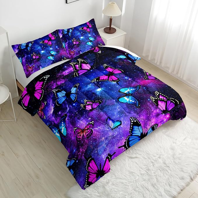 Nttopship Violet Butterfly Comforter Sets Queen Size,Galaxy Starry Sky Bedding Sets for Kids,Violet Butterfly and Milky Way Comforter Sets All Season 1 Comforter and 2 Pillowcases - Image 3