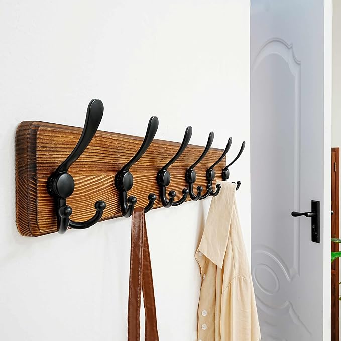Dseap Coat Rack Wall Mounted - 24" Long 6 Tri Hooks, Heavy Duty Wooden Wall Coat Hanger Coat Hook for Clothes Hat Jacket Clothing, Natural and Black - Image 7