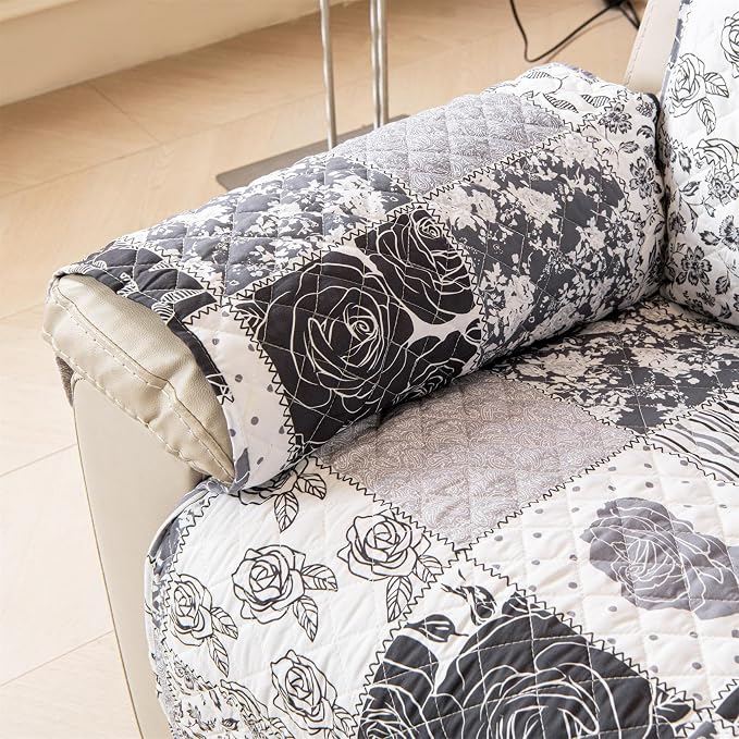 Cmfshape Skidproof Sofa Cover-Grey Rose Sofa Slipcover with Elastic Straps-Easy Fit Slip Cover-Patchwork Washable Furniture Protector for Pets and Kids(Recliner,Grey) - Image 6