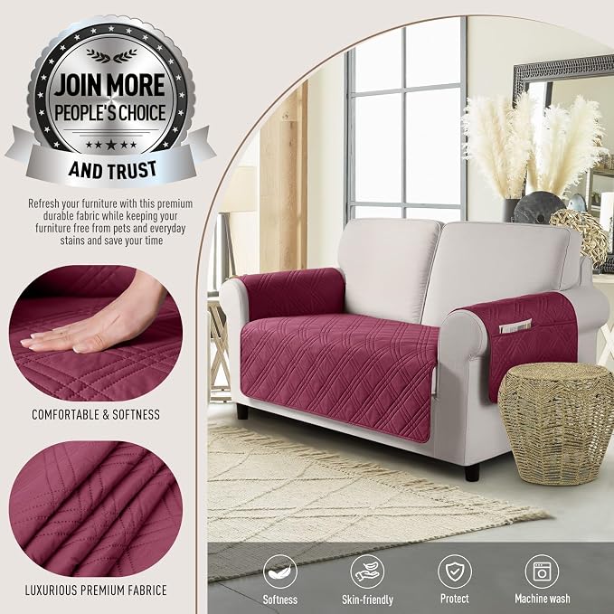 TAOCOCO Waterproof Loveseat Covers for Pets Dogs with Non Slip Backing, Sofa Seat Covers with Side Pocket for 2 Cushion Couch Washable Dog Couch Cover Protector Sofa Slipcovers(Loveseat, Wine) - Image 2