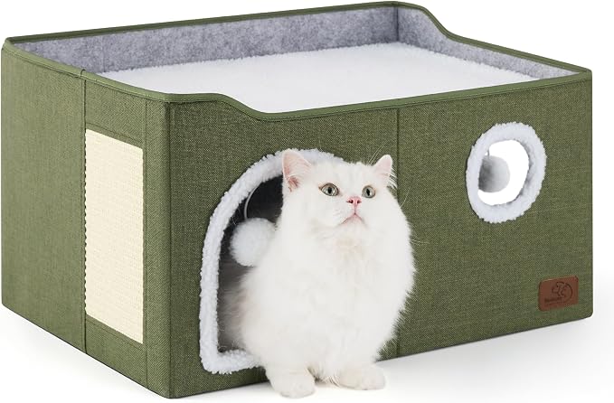 Bedsure Extra Wide Cat House Bed with Fluffy Ball and Scratch Pad | Loden Green,23.6x16.9x13 in,Indoor Cat Cave for Multiple Pets, Foldable Cat Hideway Cube for Sleeping Large Cat and Kitten - Image 2