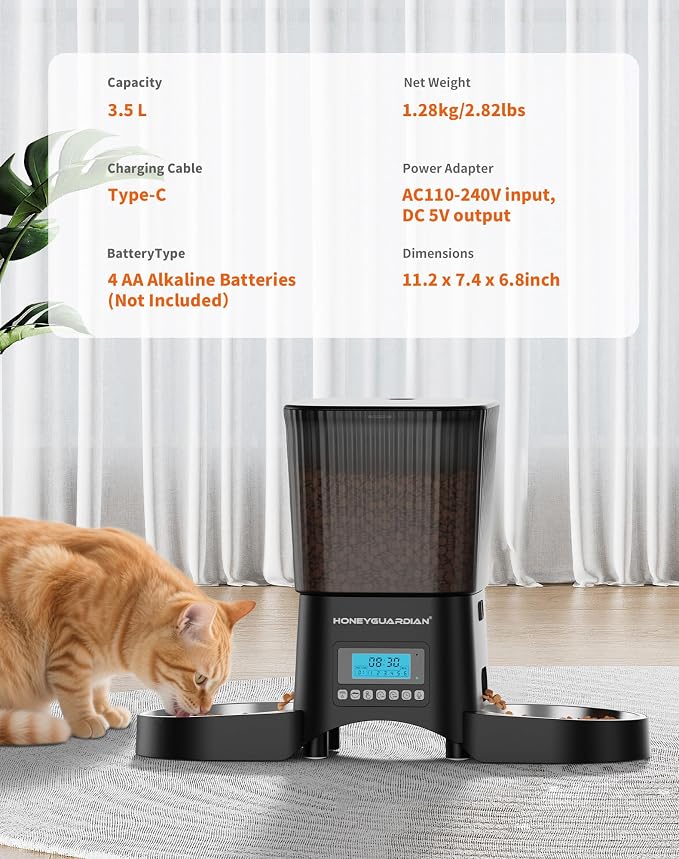 HoneyGuardian Automatic Cat Feeder for 2 Cats, Automatic Cat Food Dispenser, Timed Pet Feeder for Cats and Dogs, Desiccant Bag, Programmable Portion Control,10s Voice Recorder - Image 7