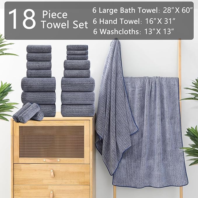 Ycosy 18 Piece Bath Towels Set,100% Microfiber Family Bathroom Towel with Hanging Loops-6 Bath Towels,6 Hand Towels,6 Washcloths,Quick Dry Highly Absorbent Shower Towel for Bathroom,Hotel,Spa-Navy - Image 2