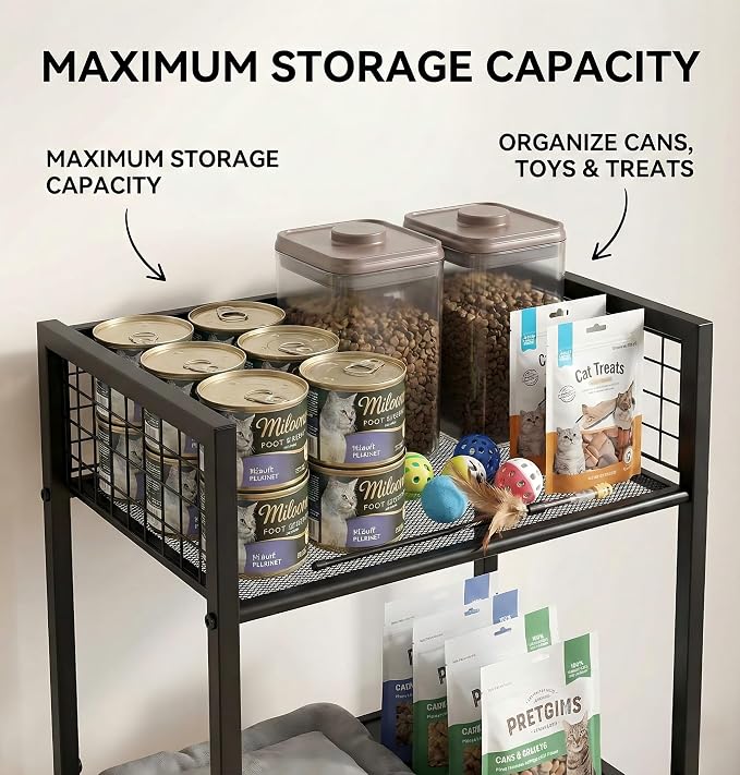 Cat Feeding Station Furniture with Scratching Post, 3-Tier Cat Food Organizer & Storage, Raised Feeding Stand with 2 Stainless Steel Bowls, Space-Saving Cat Shelf for Small Spaces, Black - Image 4