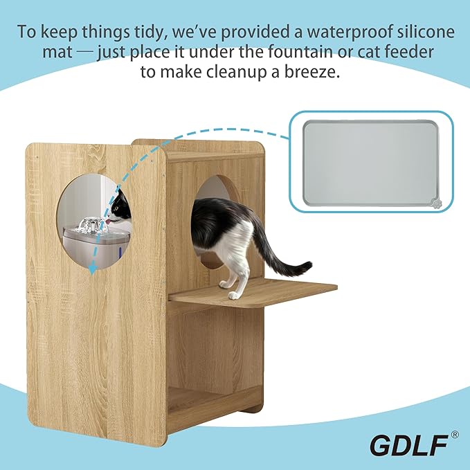 GDLF Cat Feeding Station with Water Fountain Space, Elevated Window Perch | Elevated Feeding Area, Spill-Proof Silicone Mat, Window Perch, Pull-Out Platform, Hidden Cat Storage - Image 2