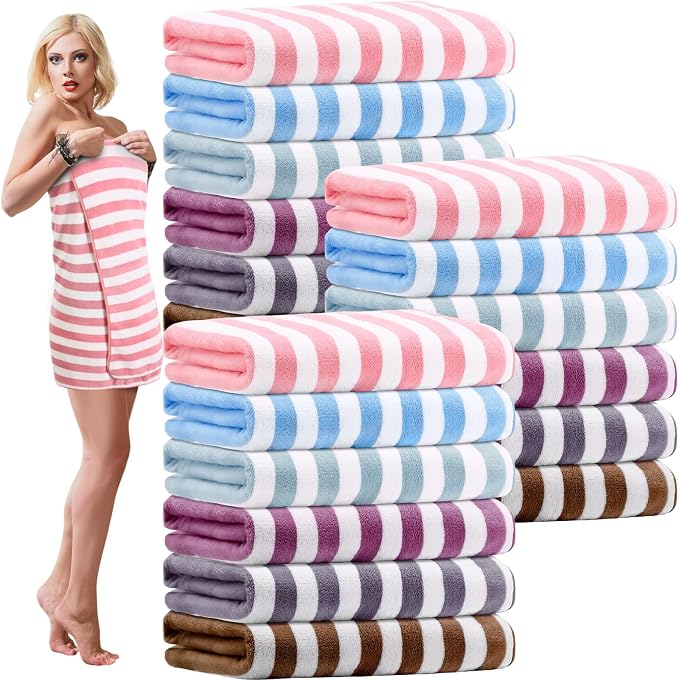 SmoothNovelty 18 Pack Microfiber Bath Towels Bulk 27'' x 60'' Oversized Size Bath Towel Highly Absorbent Extra Large Soft Drying for Beach Shower Summer Salon Sport Gym Party (Stripes,Multicolor) by SmoothNovelty