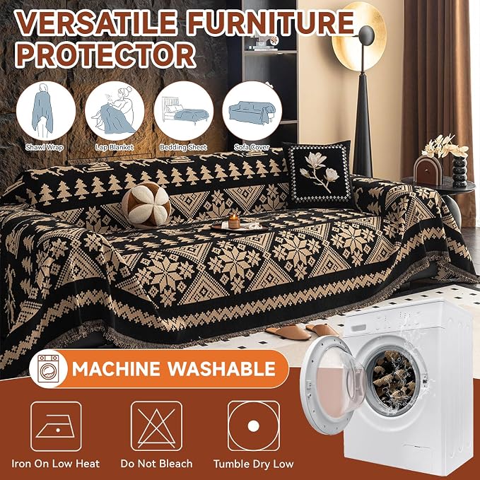 VClife Boho Couch Cover for Sofa, Anti Slip Chenille Sofa Cover for Sectional Sofa - 1 Piece Black Khaki Geometry Jacquard Sofa Slipcover, Pet-Friendly Couch Cushion Cover with Tassel 71"x 134" - Image 5