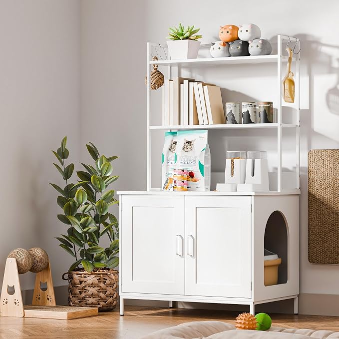 Cozy Castle Cat Litter Box Enclosure with Storage, 57'' Hidden Cat House Furniture, Wooden Cat Cabinet with Shelves & 4 S-Hooks, Indoor Cat Litter Box Organizer, White - Image 8