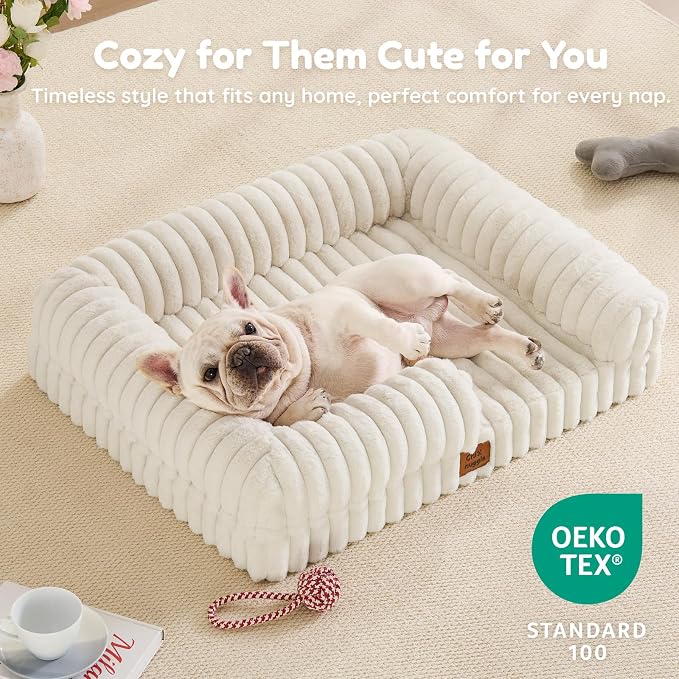 ChiXnuggle Faux Fur Orthopedic Dog Bolster Bed, Waterproof Washable Cover | rectangular dog sofa couch,egg crate foam,non-slip bottom,for small medium dogs,cream,30*24*7,puppy bed - Image 8