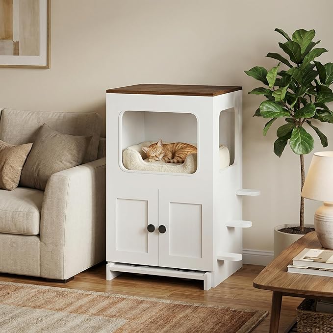 Cat Feeding Station, 2-Tier Wood Cat House with Storage, Raised Bowls for Indoor Cats, Pull-Out Feeding Station & Cat Condo, Includes 2 Stainless Bowls - Image 5