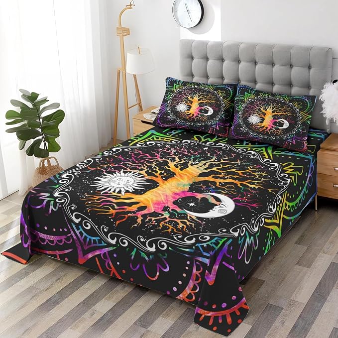 WeCozy Full Size Bed Sheet Sets with Pillowcases, Astrology Zodiac Tree of Life 4 Pcs Soft Microfiber Bedding for Kids and Adults, Sun and Moon Flat, Fitted Sheet for Bedroom Bed Decor - Image 4