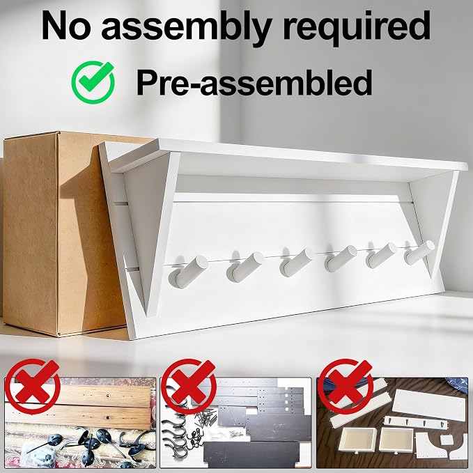 WEBI Coat Rack Wall Mount with Shelf,24" Long Entryway Wall Shelf with Hooks Underneath,6 Peg Hooks for Hanging Coats,Caps,Jacket,Clothes,White - Image 5