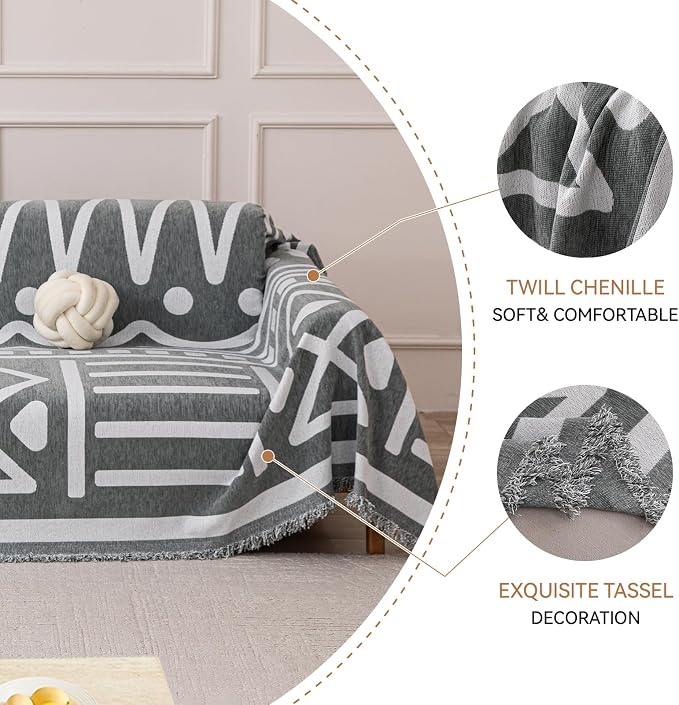 Deep Dream Boho Couch Cover, Non Slip Soft Chenille Sofa Covers for 3 Cushion Couch, Thick Sofa Slipcover Couch Covers Washable Blanket Cover for Living Room (Grey, 71"x134") - Image 5