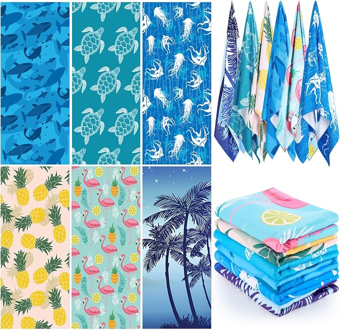 Peryiter 6 Pcs Oversized Microfiber Beach Towels Sand Free Quick Dry Large Pool Towels Absorbent Camping Travel Blanket Set for Women Men Bath Beach(Tropical, 28 x 59 Inch, Colorful) by Peryiter