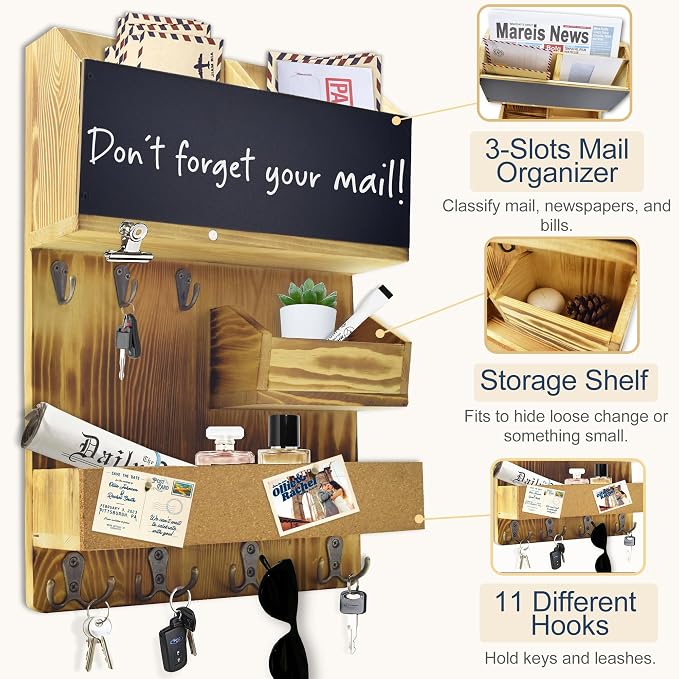 Mail Organizer Wall Mount，Key Holder Mail and Key Organizer for Wall with Shelf, Chalkboard, Corkboard, Home Decor for Room Office Entryway(Light Wood) - Image 5