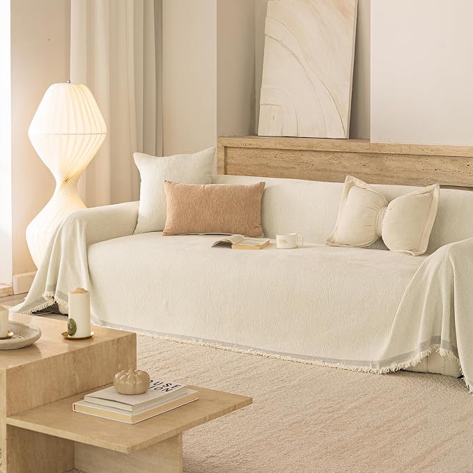 Beige Boho Couch Covers for Sofa Washable for 2 Cushion Couch,71''X118'' | Chenille Furniture Protector Sofa Couch Cover for Dogs, Soft Breathable Sofa Slipcover, Couch Throw Blankets with Tassels - Image 2