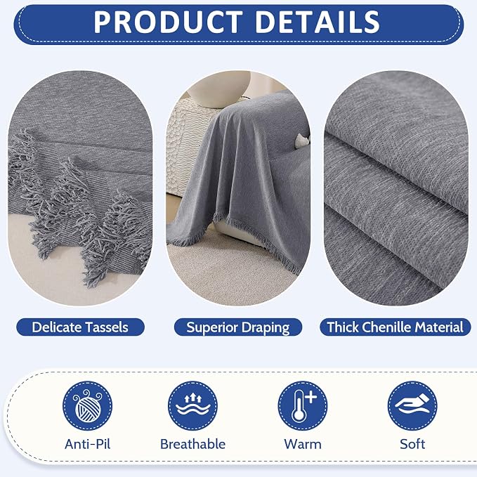 Chenille Couch Cover for Dogs, Boho Sofa Cover Washable Couch Cover, 3 Cushion Sofa Cover, Pet Throw Blankets for Couches with Tassel Furniture Protector Covers,71"×150",Gray - Image 5