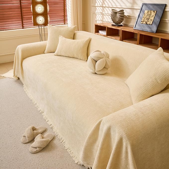 Beige Chenille Couch Cover for Dogs, 1 Piece Sofa Cover with Tassels | Suitable for 2-3 Seater Sofas, Non Slip Washable Sofa Slipcover for Sectional, L-shaped Sofas, Pet Friendly, 71"x134" - Image 2
