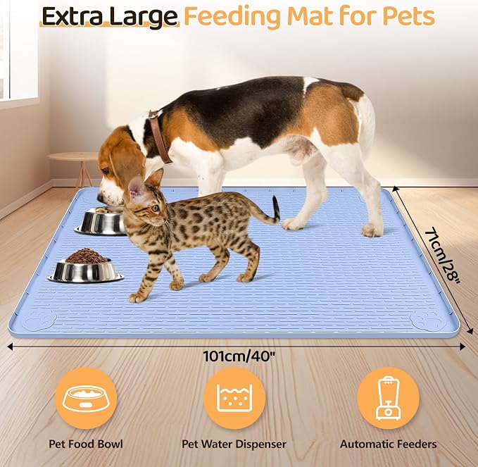 Dog Food Mat 40''x28'' Extra Large Dog Mat for Food and Water, Blue | Silicone Dog Bowl Mat with Raised Edge, Waterproof Non-Slip Pet Feeding Mat for Floors, fit for Dog Cat Bowls - Image 2