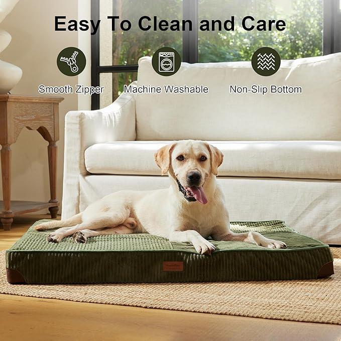 FUKUMARU Large Dog Bed, Thickened Waterproof Dog Mat with Washable Cover | Corduroy Orthopedic Dog Bed for Crate, 28D Egg Crate Foam Support Pet Mat, Cozy Flat Dog Pad with Anti-Slip Bottom, Green - Image 5
