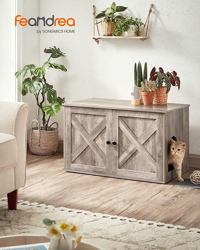 Feandrea Cat Litter Box Enclosure, Litter Box Furniture Hidden with Removable Divider, Indoor Cat House, End Table, 31.5 x 20.9 x 19.7 Inches, Greige UPCL002G01 - Image 2