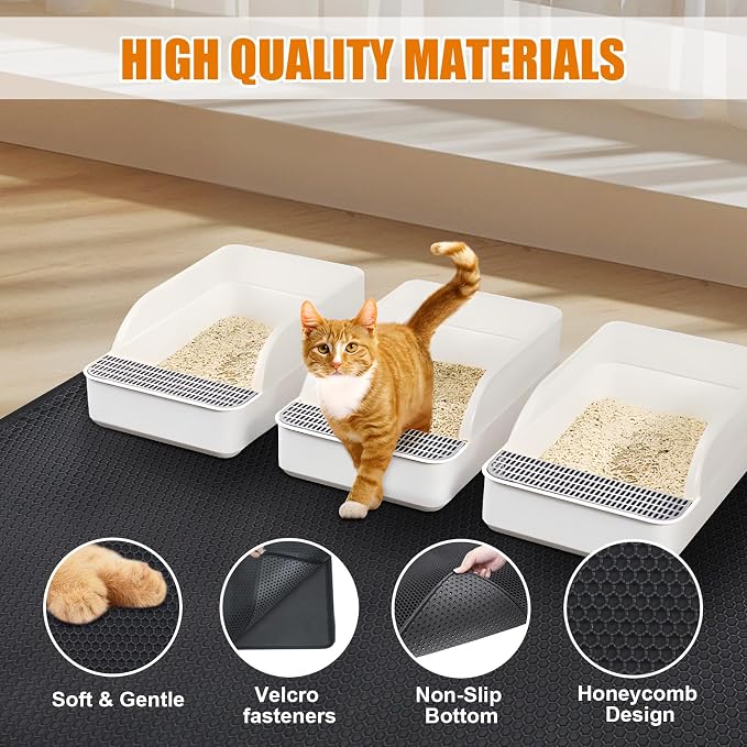Cat Litter Mat - Extra Large XL 45"x32" Cat Litter Trapping Mat,Honeycomb Double Layer Traps Litter,Washable & Urine Proof,Non-Toxic,Soft EVA Litter Box Mat for Multi-Cat Homes(Black) - Image 3