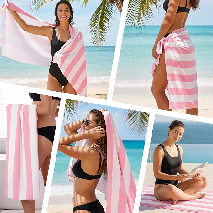 Touchat 4 Pack Beach Towels Oversized 30'' x 60'' Microfiber Pool Swim Bath Camping Travel Cabana Stripe Quick-Dry Super Absorbent Lightweight Sand Free Towel for Adults, Multi-Functional，Pink - Image 7
