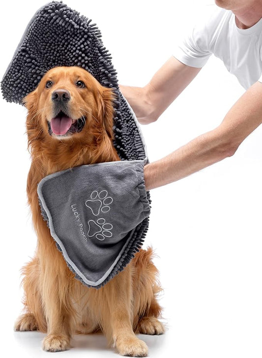 Lucky Pooch® Super Absorbent Shammy Dog Towel - Luxuriously Soft Hand Pockets – 34.5x12.5in – Quick Drying Microfiber Dog Bath Towel – Durable Towels for Drying Dogs (Pack of 1, Gray) by LuckyPooch