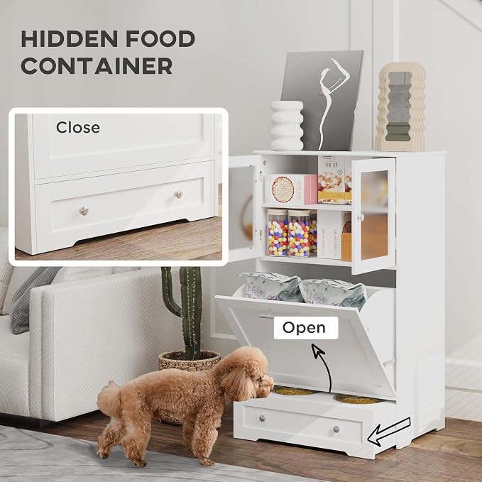 PawHut Dog Feeding Station, 2 Storage Cabinets, Elevated Dog Bowls, White | Side Hooks, Anti-tip Kit, Hidden Pet Feeder Station for Feeding & Watering - Image 4