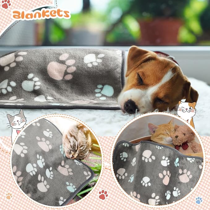 Tatuo 4 Pack Fleece Dog Blankets for Puppy Cats Multi-Size Sleep Mat for Pet Guinea Pig Soft Washable Warm Crate Bed Puppy Teething Toys Print Pattern Blanket Indoor(Dark Gray,41 x 30 Inch,Paw) - Image 2