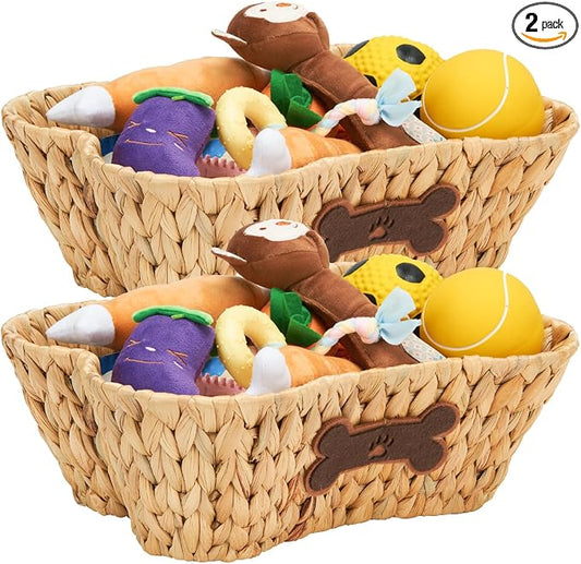 Wicker Basket for Pet Toys, 2 Pack Stylish and Natural Dog and Cat Toy Basket, Dog Storage Organizer with Bone Shape by ELONGHOME