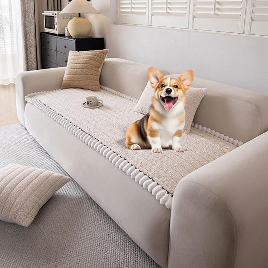 STACYPIK Fuzzy Beige Couch Cover for Large Dogs, Non Slip Sherpa Sofa Cover, Geometric Striped Furniture Protector for 3 Cushion Couch Multi-use Dog Bed Mats Living Room Home Decor-27.6x70.9IN by STACYPIK