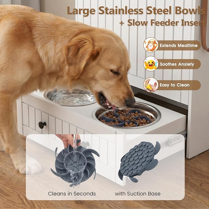 Dog Feeding Station Cabinet Elevated Bowls (White, Classic Panel) | Slow Feeder Insert, Large food bin, Removable Divider, 3 Side Hooks, Pull-Out Drawer, Easy to Clean for Small & Middle Dogs - Image 7