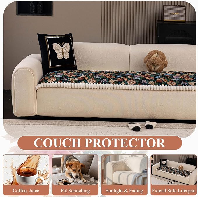 STACYPIK Vintage Floral Pets Sofa Seat Cover Washable Non Slip Couch Cushion Cover Living Room Jacquard Furniture Seat Protector for 3 Seater Pet Friendly Scratch-Resistant Quilted Bed Mat-27.6X70.9IN - Image 5