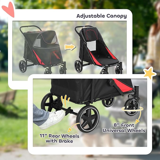 PawHut Dog Stroller for Large Medium Small Dogs up to 66 Lbs. 23.5" in Body Length, One-Click Foldable Pet Cat Stroller with Storage, Shock Absorption Wheels, Mesh Window, Safety Leash, Black